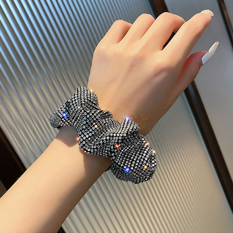 Divat strasszos Női Silk Scrunchie elasztikus kézzel készített haj fekete szalag lófarok tartó fejpánt haj kiegészítők