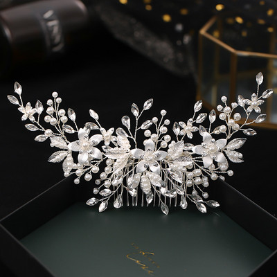 Pieptene de păr cu flori de culoare argintie Bijuterii pentru fete, realizat manual, din aliaj, perle, pieptene de păr, diademe de mireasă, accesorii de păr, bijuterii