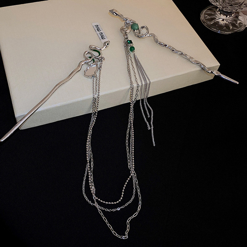 Hadí tvar vlasové tyčinky punkové dvojité vlásenky pre ženy striebornej farby strapcové drdoly paličky odnímateľné dievčenské korálkové vlasové šperky