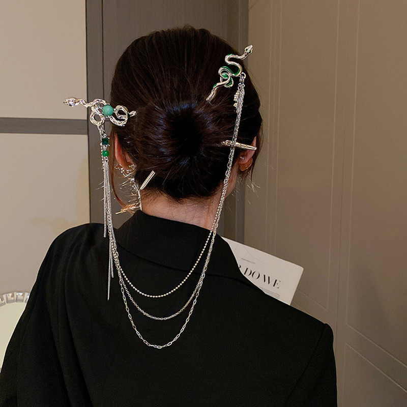 Hadí tvar vlasové tyčinky punkové dvojité vlásenky pre ženy striebornej farby strapcové drdoly paličky odnímateľné dievčenské korálkové vlasové šperky