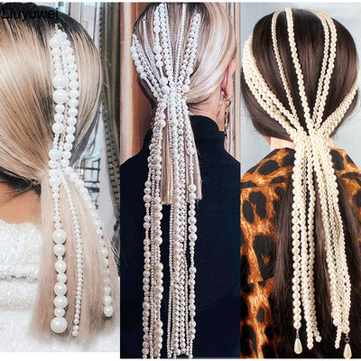 Boho Braided Pearl Vestuviniai nuotakų plaukų aksesuarai Madingi ilgi kutai Tiara plaukų segtukai Galvos juosta Prom Party Plaukų segtukai Galvos apdangalas