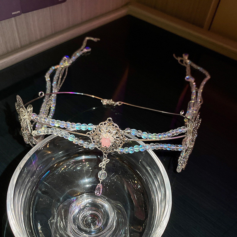 Coroană de păr cu ciucuri de fluture, bilă strălucitoare cu laser pentru femei, farmec romantic, tiara de lux rafinată, accesorii de păr pentru petrecere de nuntă