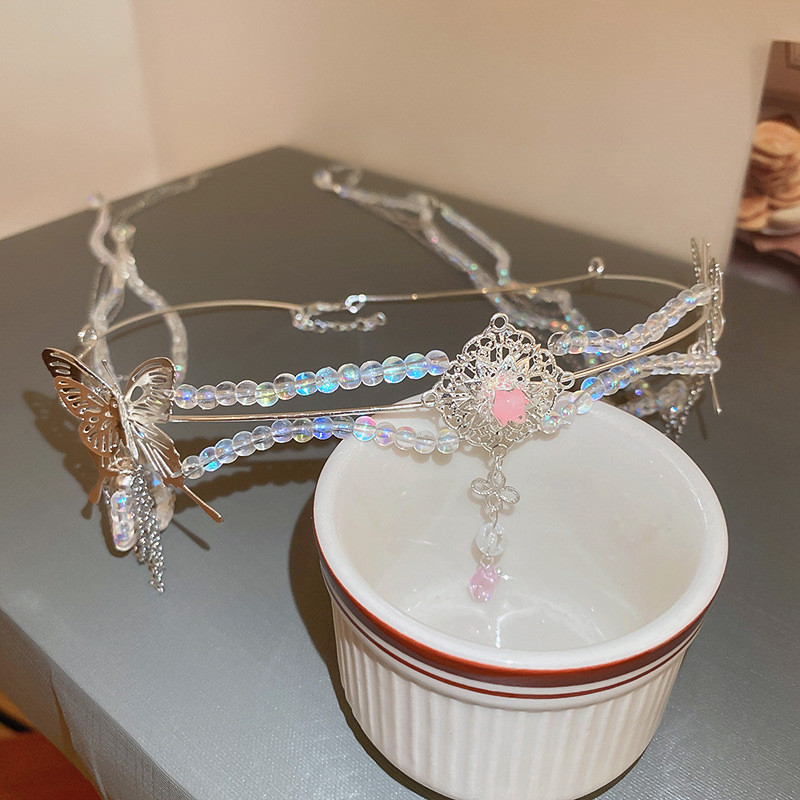 Coroană de păr cu ciucuri de fluture, bilă strălucitoare cu laser pentru femei, farmec romantic, tiara de lux rafinată, accesorii de păr pentru petrecere de nuntă