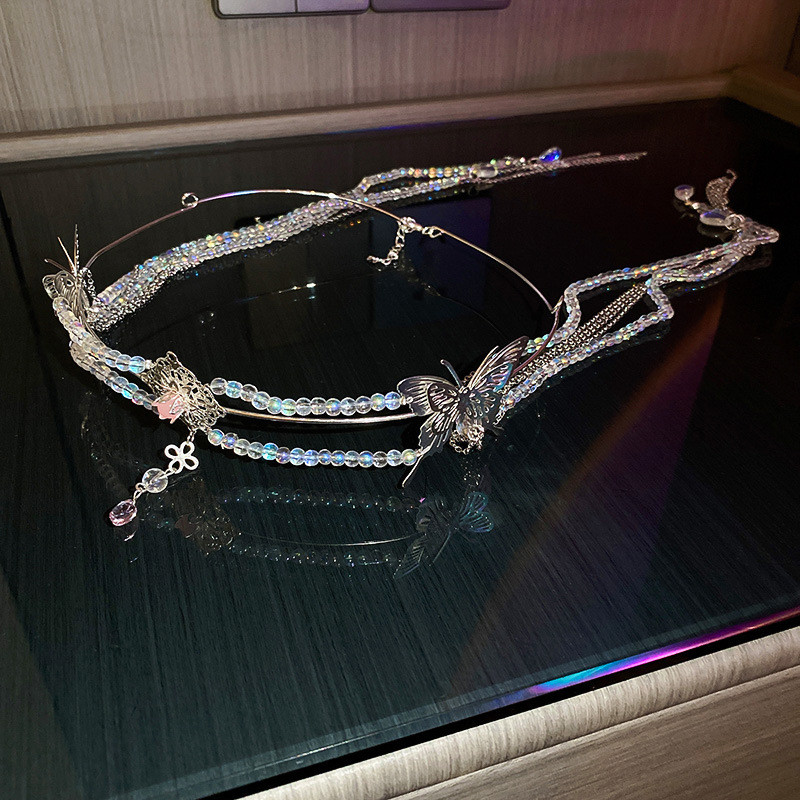 Coroană de păr cu ciucuri de fluture, bilă strălucitoare cu laser pentru femei, farmec romantic, tiara de lux rafinată, accesorii de păr pentru petrecere de nuntă