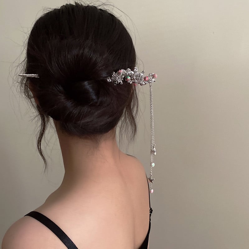 Kínai sárkány mintás rózsaszín gyöngyös bojt hajrudak nőknek Elegant Charm Esztétikus Hajtű Vintage divatos hajkiegészítők