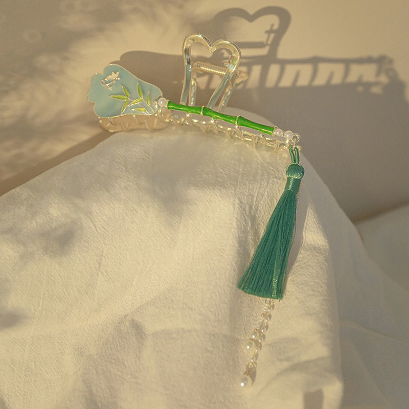 Kínai lant legyező bambusz bojt hajkörmök nőknek Elegáns, romantikus, antik bűbáj cápacsipesz Vintage Esztétika Hajkiegészítők