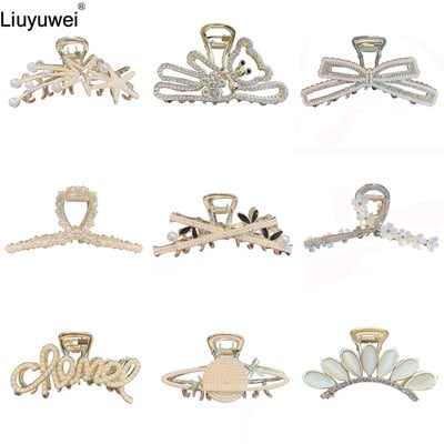 Arany színű nagy karmos Clip Crab Barrette Női Lányoknak Gyöngy kristály Haj Karmok Clip lófarok Clip Haj Kiegészítők Fejfedők