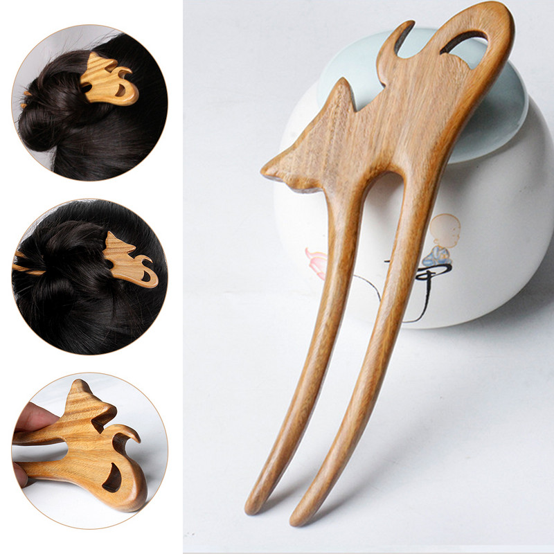 Bețișoare de păr chinezești în formă de U Bețișoare din lemn pentru ac de păr pentru petrecere Hanfu, coc de păr, furculițe, bijuterii vintage în formă de pisică