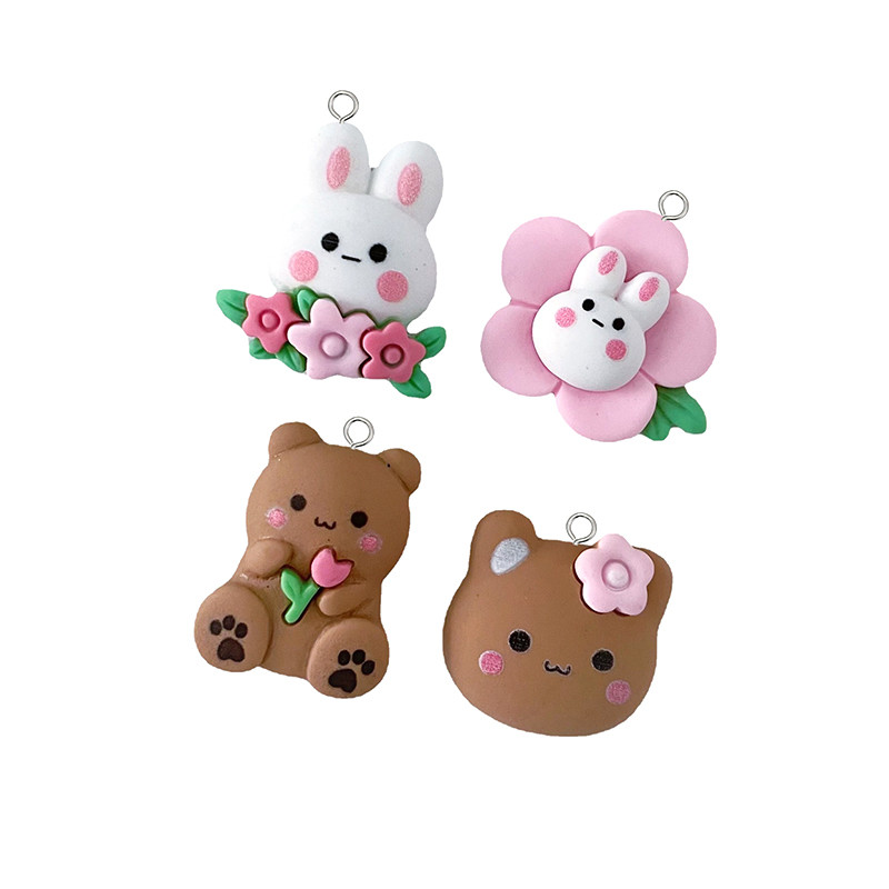 10db/csomag Kawaii Flower Rabbit Bear Resin Charms Lovely Cartoon Animal medál fülbevalóhoz Kulcstartó barkács ékszerkészítés