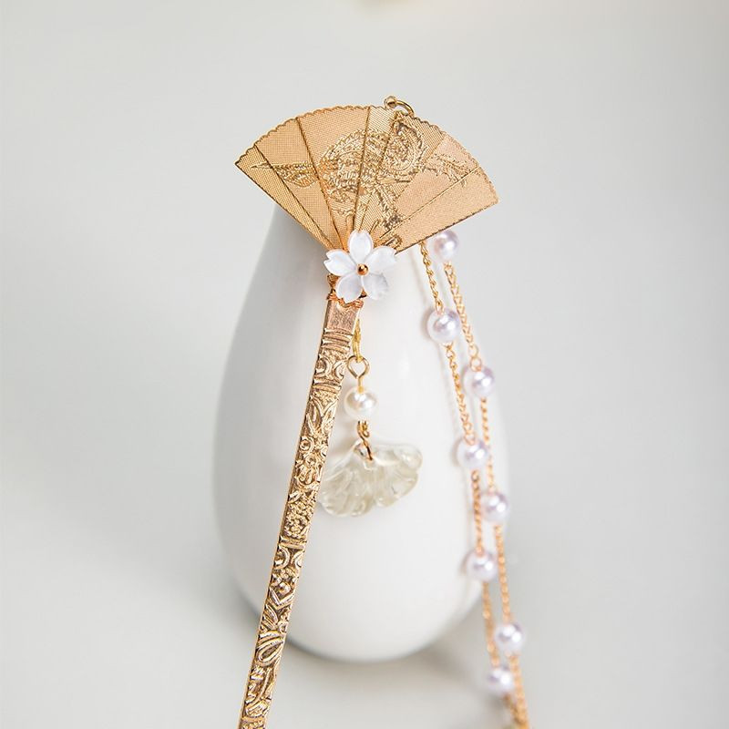 Vintage sklopiva metalna lepeza za vez List marelice resica Štapić za kosu za žene Elegantna antikna ukosnica Luksuzni dodaci za kosu