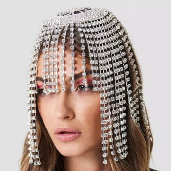 Glitter Rhinestone Κοντά κρόσσια αλυσίδα μαλλιών Headband καπέλο Stage Performance for Women Crystal Headwear Headpiece Head Wig Chain