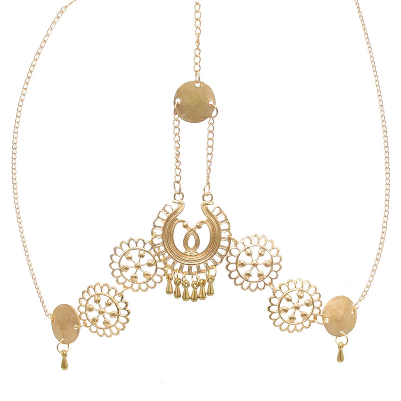 Epocă etnică grecească pentru frunte lanț pentru cap de culoare auriu argintiu caciulă de flori sculptate cu goluri tribale accesorii pentru păr de mireasă bijuterii