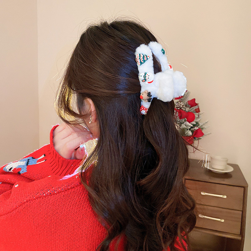 Λούτρινα κινούμενα σχέδια Άγιος Βασίλης με νιφάδα χιονιού νύχια μαλλιών για γυναίκες Γλυκό χαριτωμένο αστείο ρομαντικό κλιπ μαλλιών Χριστουγεννιάτικη μόδα αξεσουάρ μαλλιών