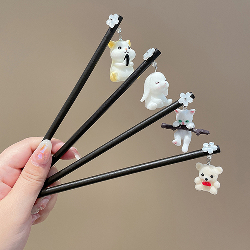 Ξύλινο καρτούν που κρατά καυσόξυλο ραβδί μαλλιών κουνελιού γάτας για γυναίκες Χαριτωμένο κορίτσι Γλυκιά διασκεδαστική φουρκέτα Casual trend Αξεσουάρ μαλλιών Δώρο