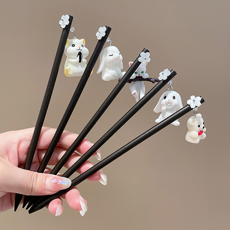 Ξύλινο καρτούν που κρατά καυσόξυλο ραβδί μαλλιών κουνελιού γάτας για γυναίκες Χαριτωμένο κορίτσι Γλυκιά διασκεδαστική φουρκέτα Casual trend Αξεσουάρ μαλλιών Δώρο