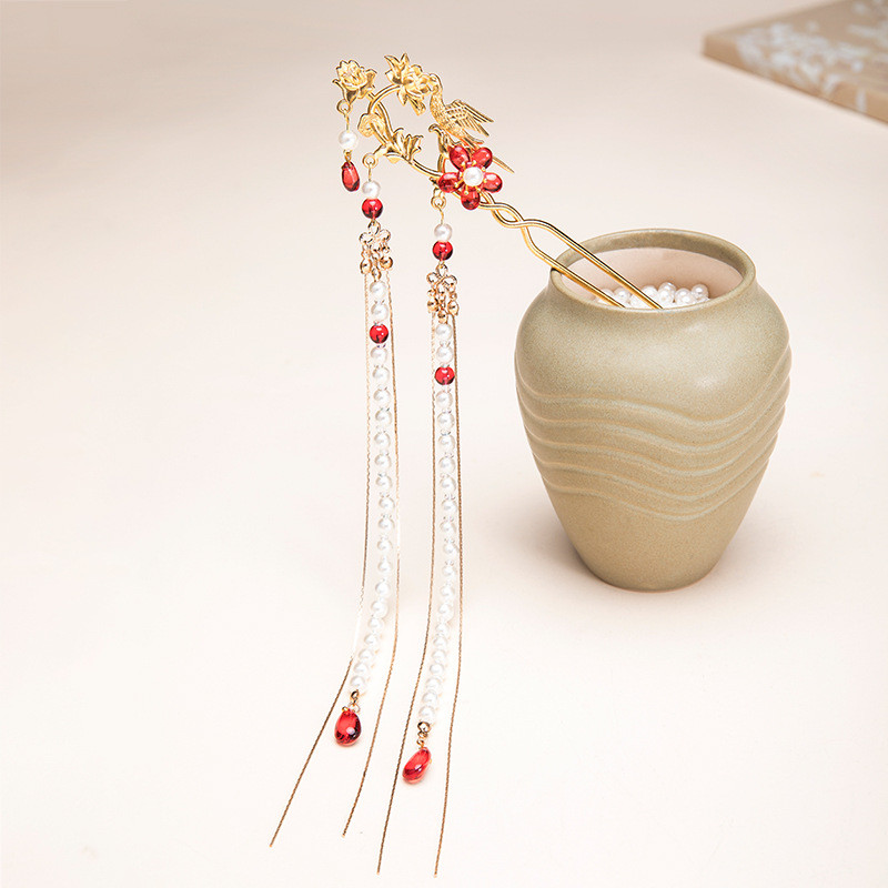 Antikvariniai plaukų aksesuarai Raudoni karoliukai, ilgi kutai, karūnėlė Hanfu galvos apdangalas