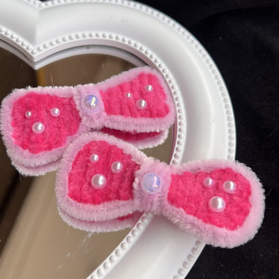 Y2k 90s Estetika Rožinis pliušinis Bowknot Pearl plaukų segtukas moterims Saldus mielas mergaitiškas plaukų segtukas Harajuku madingi plaukų priedai Dovana