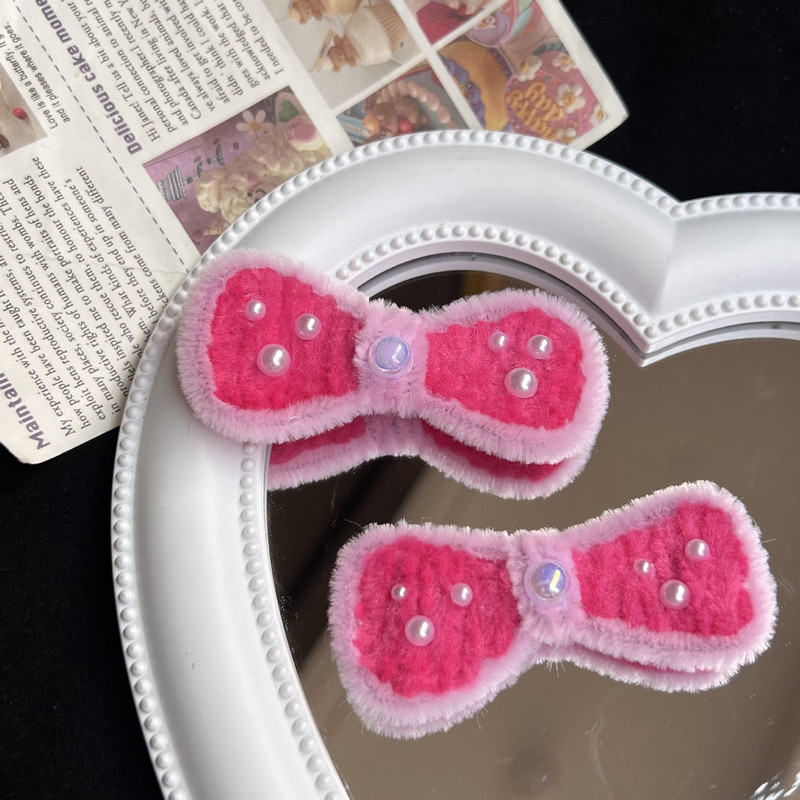 Y2k Estetika 90-ih, ružičasta plišana mašna, biserna ukosnica za žene, slatka, slatka djevojačka kopča za kosu Harajuku, modni dodaci za kosu, poklon