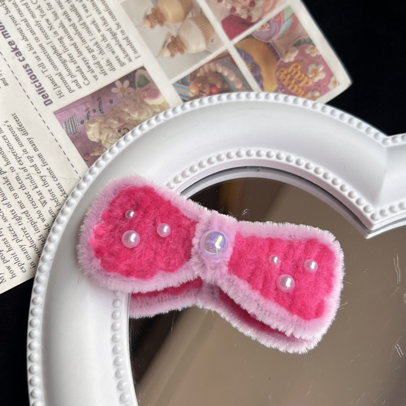 Y2k Estetika 90-ih, ružičasta plišana mašna, biserna ukosnica za žene, slatka, slatka djevojačka kopča za kosu Harajuku, modni dodaci za kosu, poklon