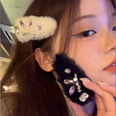 Harajuku színes strasszos virág plüss hajtű nőknek Y2k 90-es évek Esztétika Édes hajcsat Koreai divatos hajkiegészítők