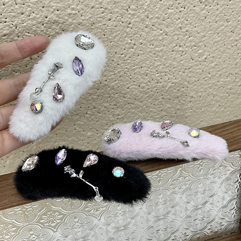 Harajuku színes strasszos virág plüss hajtű nőknek Y2k 90-es évek Esztétika Édes hajcsat Koreai divatos hajkiegészítők