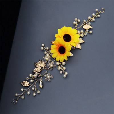 OKILY Nauji audiniai Saulėgrąžos su perlu moterims Galvos juostos Vestuviniai Plaukų Priedai Krištoliniai Nuotakos Nuotakos Daisy Plaukų Papuošalai