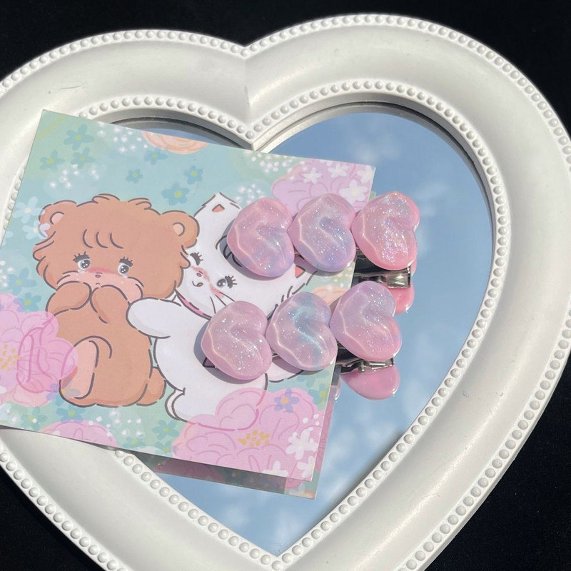 Agrafă de păr cu inimă cu sclipici roz degradat pentru femei, dulci, romantice, farmec pentru fete, ac de păr, estetică coreeană, accesorii de păr la modă