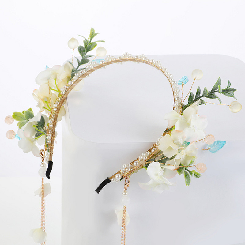 Pearl Hair Band Gėlė Kinų Hanfu plaukų aksesuarai Moterims Kutas Hair Hoop Vintage Girls Tiara Noiva Galvos apdangalas plaukų papuošalai