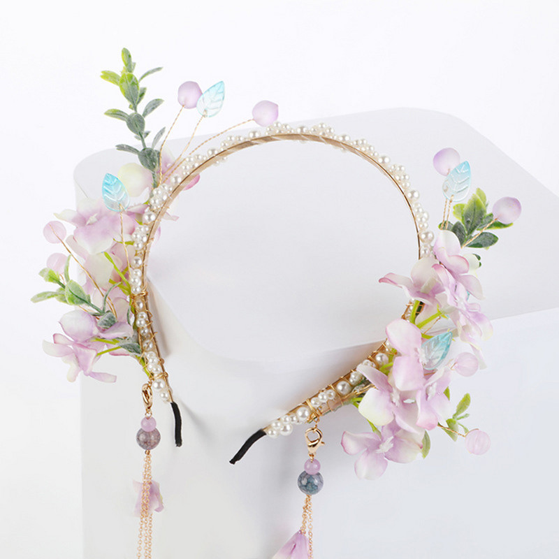 Pearl Hair Band Gėlė Kinų Hanfu plaukų aksesuarai Moterims Kutas Hair Hoop Vintage Girls Tiara Noiva Galvos apdangalas plaukų papuošalai