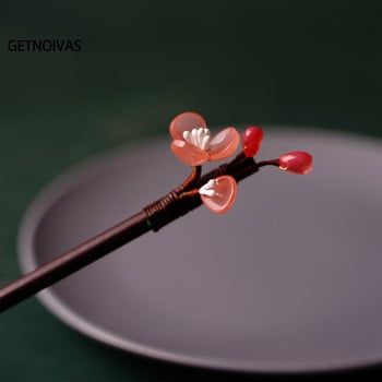 Флорални фиби за коса Ръчно изработени дървени усукани игли за кок Симулация на цветен декор Китайска пръчка за коса Hanfu Украса за глава Бижута за коса SL