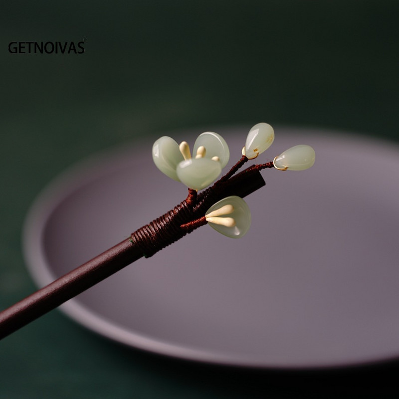 Флорални фиби за коса Ръчно изработени дървени усукани игли за кок Симулация на цветен декор Китайска пръчка за коса Hanfu Украса за глава Бижута за коса SL