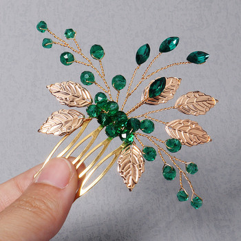 Булчински щипки за коса Диадеми със страз Зелени гребени за коса за жени Модни игли със златни листа отстрани на булката Сватбена купчина бижута