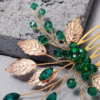 Булчински щипки за коса Диадеми със страз Зелени гребени за коса за жени Модни игли със златни листа отстрани на булката Сватбена купчина бижута