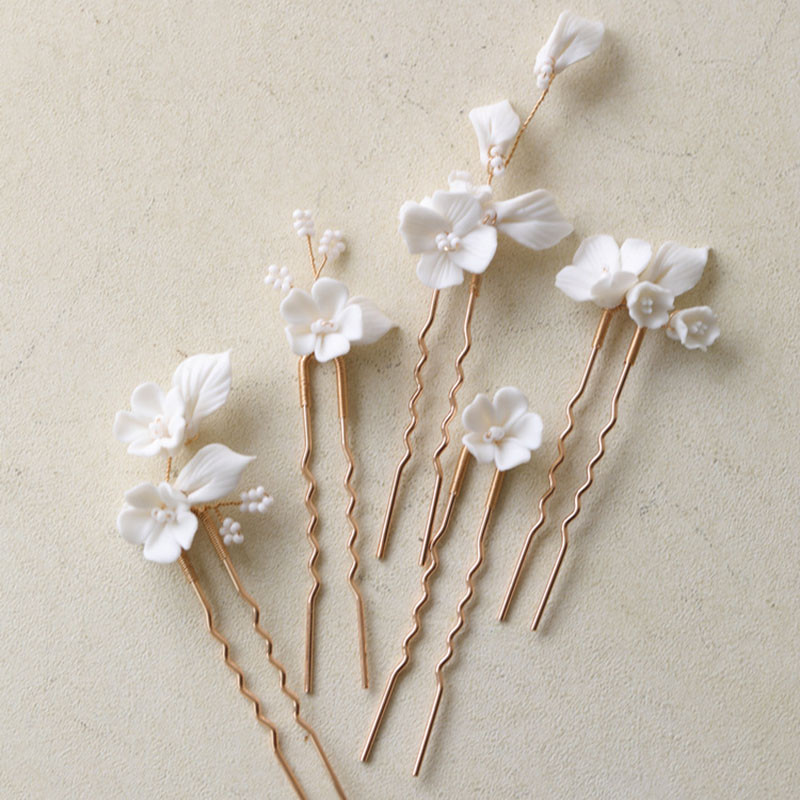 SLBRIDAL Χειροποίητο INS Κεραμικά λουλούδια Πέρλες Νυφικό Σετ καρφίτσα μαλλιών Αυτοκόλλητο μαλλιών γάμου Αξεσουάρ μαλλιών Γυναικεία κοσμήματα μαλλιών