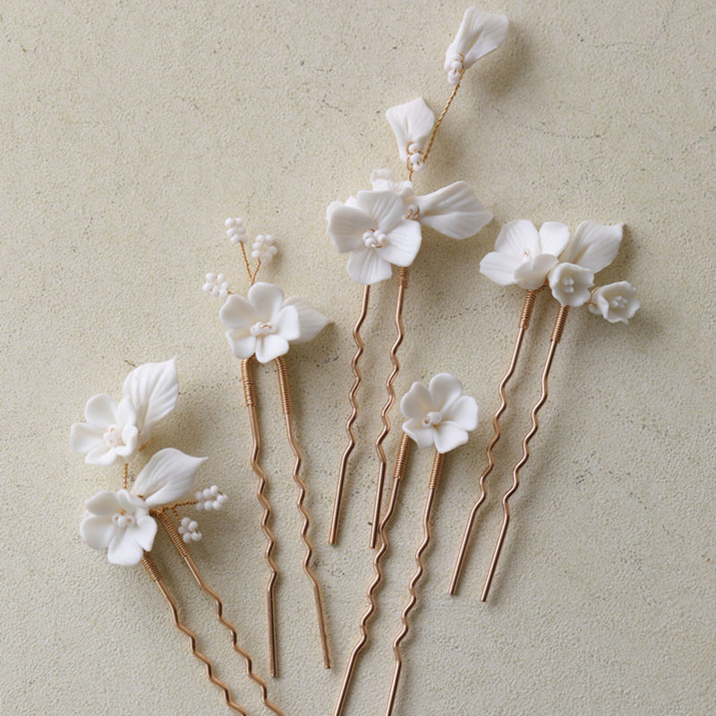 SLBRIDAL Χειροποίητο INS Κεραμικά λουλούδια Πέρλες Νυφικό Σετ καρφίτσα μαλλιών Αυτοκόλλητο μαλλιών γάμου Αξεσουάρ μαλλιών Γυναικεία κοσμήματα μαλλιών