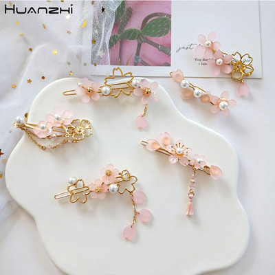 HUANZHI 2020 New Sweet Pearl Japan Cherry Blossoms Щипка за коса Розова акрилна метална шапка Фиби за жени Аксесоари за момичета