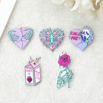 10 db Pasztell Goth Ghost Charms Spooky Creative Akril Szív Csontváz Rózsa Fenék Medál Fülbevaló Nyaklánc Diy Készítés