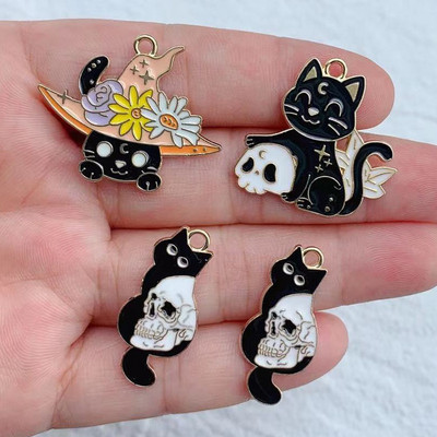 10 бр. Емайл Хелоуин Череп Цвете Котка Талисман за изработка на бижута Обеца Висулка Колие Гривна Аксесоари Направи си сам Находки