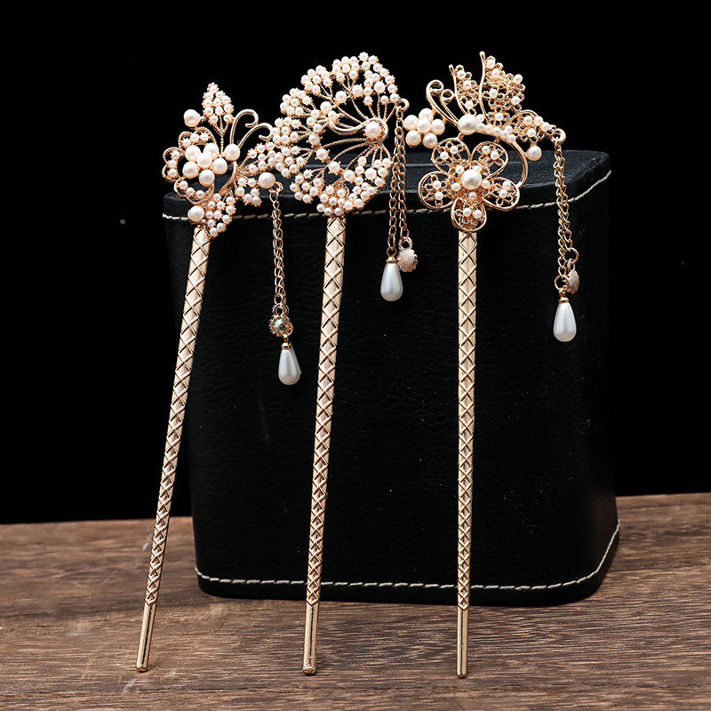 Naujausios gėlės plaukų šakutės Retro stiliaus ilgi kutai plaukų lazdelės plaukų segtukai perlai karoliukai Step Shake Kinijos vestuvių nuotakos galvos apdangalai