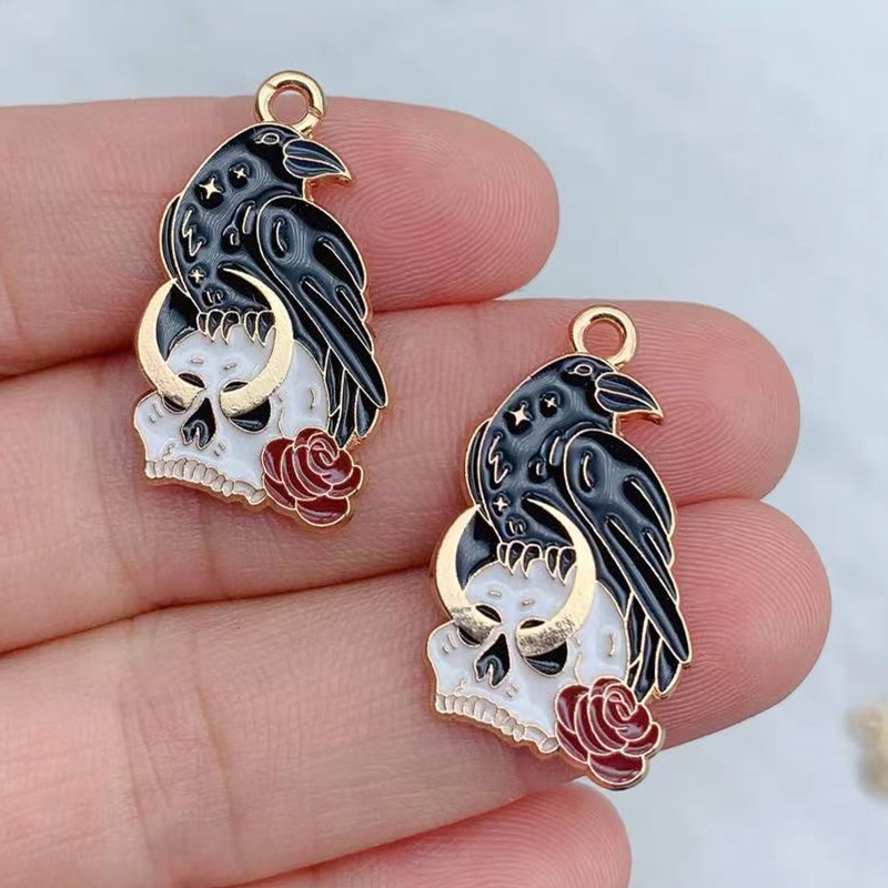 10 vnt Gotikos stiliaus mėnulio kaukolės varnos emalio pakabukai, skirti pasidaryk pats papuošalams gaminti Auskarai, karoliai, apyrankės, raktų pakabukai, pakabukai, priedai