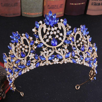 FORSEVEN Барокова мода Червен/Син/Златен цвят кристална диадема с кристали и корона Бижута за булка Сватбено парти Шапки