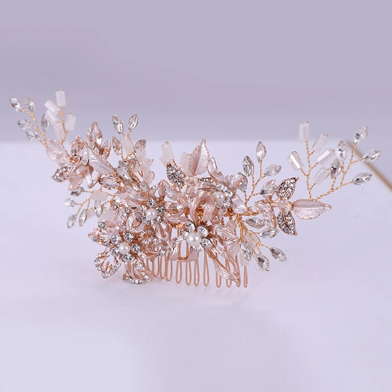 Boja ružičastog zlata Kristalni biserni cvijet Češalj za kosu Mladenka Ukrasi za glavu Ukrasi za glavu Tijare Vjenčani dodaci Luksuzni nakit za kosu
