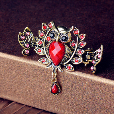 Morkopele Owl Crystal Hair Claw Clip Винтидж метална игла за коса Бижута Планичен кристал Аксесоари за коса за жени Банкет