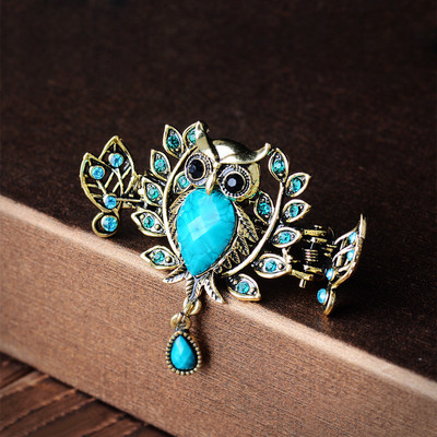 Morkopele Owl Crystal Hair Claw Clip Винтидж метална игла за коса Бижута Планичен кристал Аксесоари за коса за жени Банкет