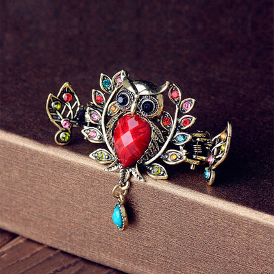Morkopele Owl Crystal Hair Claw Clip Винтидж метална игла за коса Бижута Планичен кристал Аксесоари за коса за жени Банкет