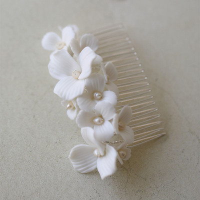 SLBRIDAL din aliaj lucrat manual, frunze, strass, flori de ceramică, perle de apă dulce, pieptene de păr de mireasă, accesorii de păr pentru nuntă, bijuterii pentru femei