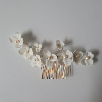 SLBRIDAL din aliaj lucrat manual, frunze, strass, flori de ceramică, perle de apă dulce, pieptene de păr de mireasă, accesorii de păr pentru nuntă, bijuterii pentru femei