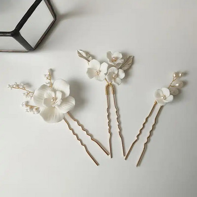 SLBRIDAL din aliaj lucrat manual, frunze, strass, flori de ceramică, perle de apă dulce, pieptene de păr de mireasă, accesorii de păr pentru nuntă, bijuterii pentru femei