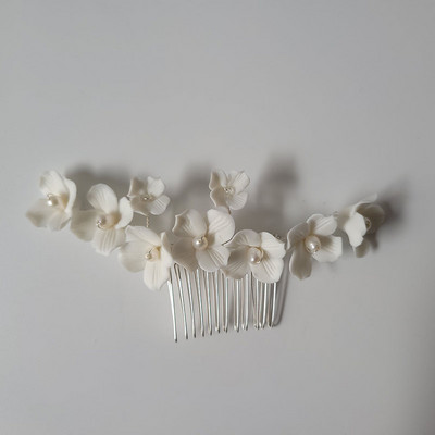 SLBRIDAL din aliaj lucrat manual, frunze, strass, flori de ceramică, perle de apă dulce, pieptene de păr de mireasă, accesorii de păr pentru nuntă, bijuterii pentru femei