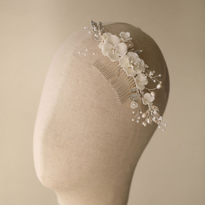 SLBRIDAL din aliaj lucrat manual, frunze, strass, flori de ceramică, perle de apă dulce, pieptene de păr de mireasă, accesorii de păr pentru nuntă, bijuterii pentru femei